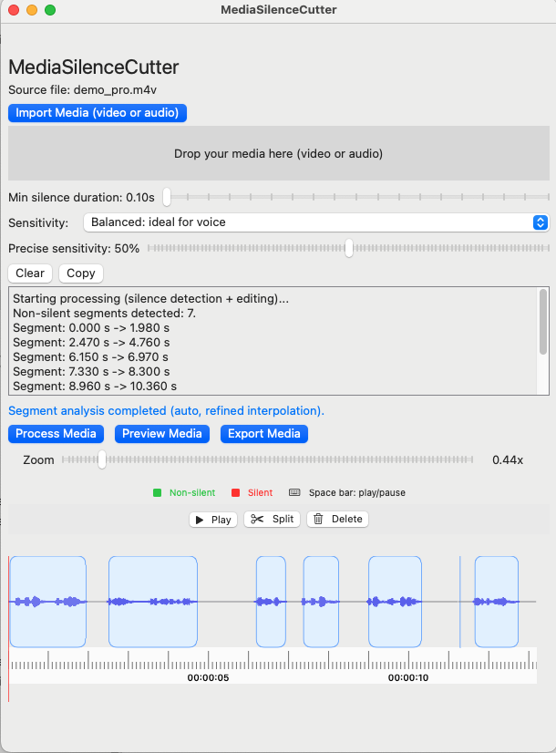 Media Silence Cutter PC App Screenshot showing video editing interface with waveform display