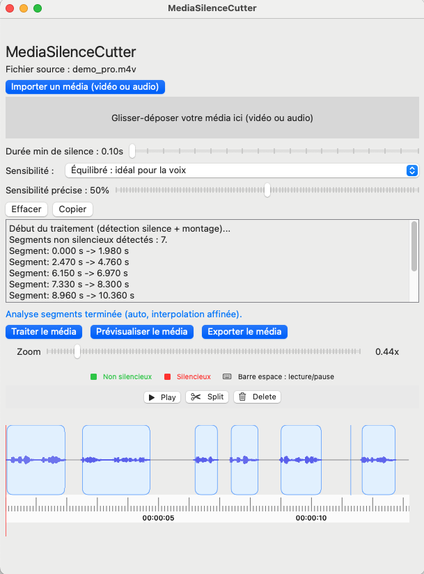 Capture d'écran de l'application PC Media Silence Cutter montrant l'interface de montage vidéo avec affichage des ondes sonores