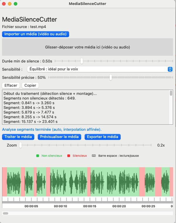 Capture d'écran de l'application Mac Media Silence Cutter montrant l'interface de montage vidéo avec affichage des ondes sonores
